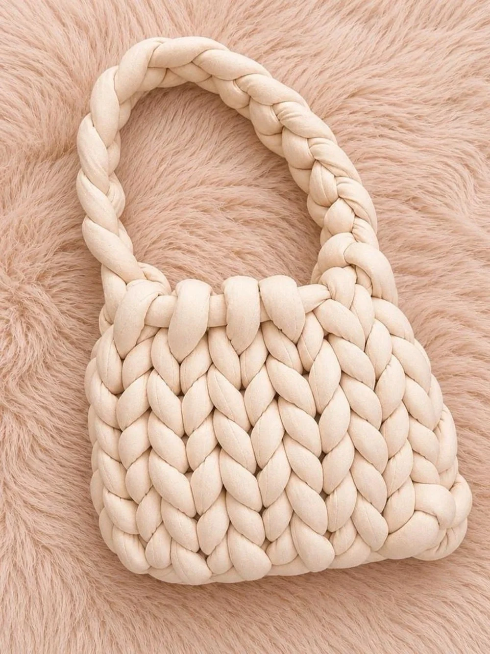 Cream Braided Knit Handbag